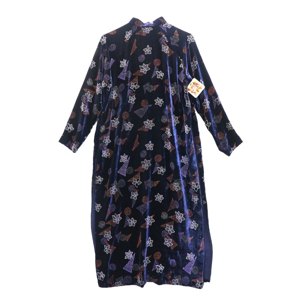 Vintage 1980s Velvet Floral Painted Florals Asian Cover up Dress Midi S/M